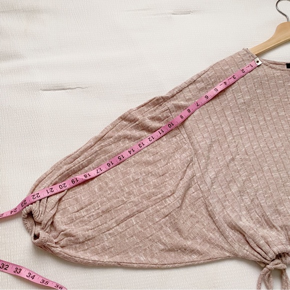 Pink Ribbed Drawstring Side Lantern Sleeve Crop Top - Picture 5 of 8